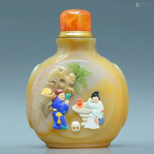 A Fine Agate Gem-Inlaid Incised 'Figure' Snuff Bottle