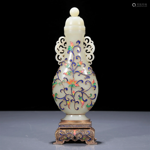 A Superb White Jade Gilt-Silver-Mounted Blueing 'Flower' Vas...