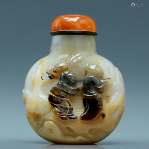 A Fabulous Agate Incised 'Figure& Landscape' Snuff Bottle