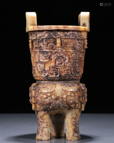 A Wonderful White Jade 'Animal Mask' Tripod Censer