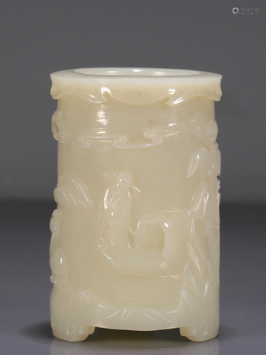 An Exquisite White Jade 'Landscape& Figure' Brush Pot