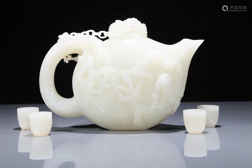 A Wonderful White Jade 'Bamboo' Teapot With Four Teacups