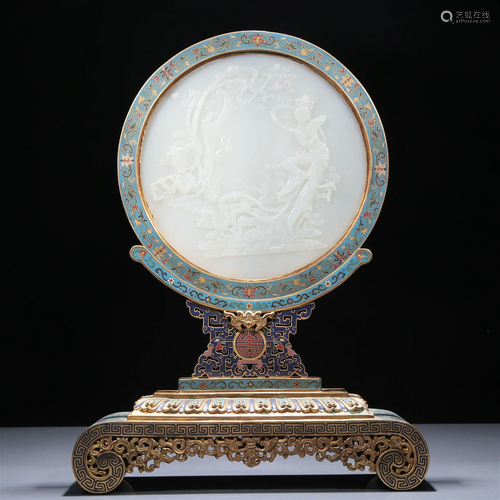 A Wonderful Imperial Cloisonne White Jade-Inlaid 'Flower& Fi...