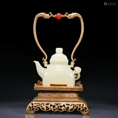 A Superb Imperial White Jade Ewer With A Gilt-Bronze 'Dragon...