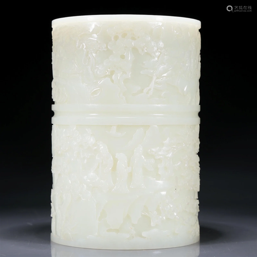 A Wonderful White Jade 'Landscape& Figure' Brush Pot