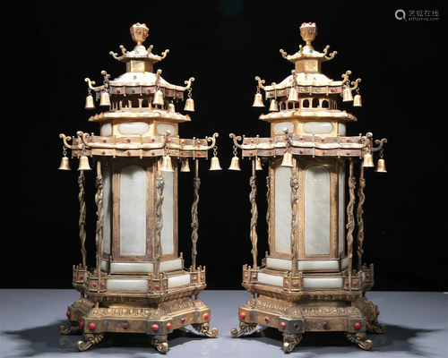 A Wonderful Pair Of Gilt-Bronze White Jade-Inlaid 'Weapons O...