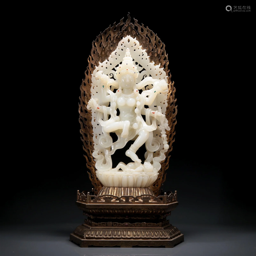 A Precious White Jade Figure Of Dakini With A Gilt-Silver Sc...