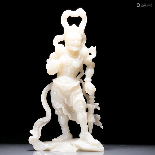 A Magnificent White Jade Figure Of Lokapala