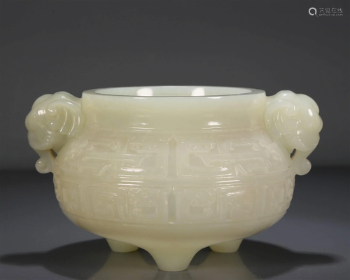 An Excellent White Jade 'Dragon' Elephant-Handled Tripod Cen...