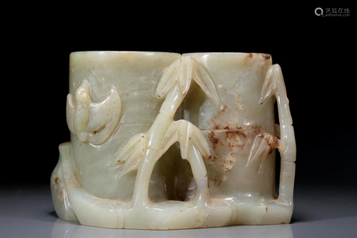 A Superb Celadon-White Jade 'Bamboo' Brush Pot