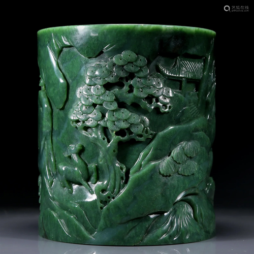 A Superb Jasper 'Landscape& Figure' Brush Pot