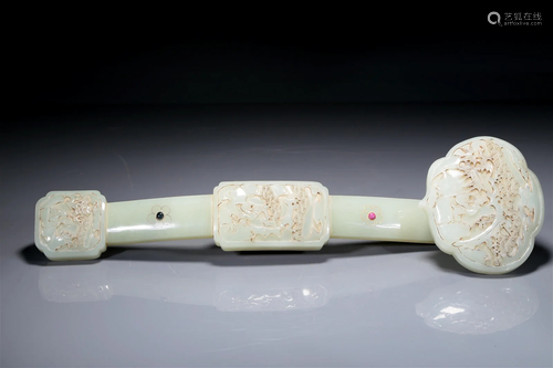 An Exquisite White Jade 'Landscape& Figure' Ruyi Scepter