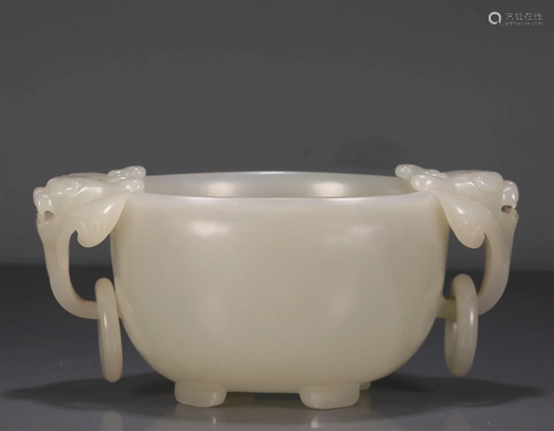 A Wonderful White Jade Beast-Handled Tripod Censer