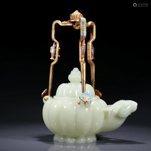 A Wonderful Imperial Celadon-White Jade 'Ram Head' Ewer With...