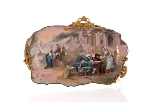 FRENCH FAURE ENAMEL TRAY WITH BRONZE MOUNTS