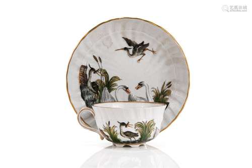 19th C MEISSEN PORCELAIN SWAN CUP & SAUCER