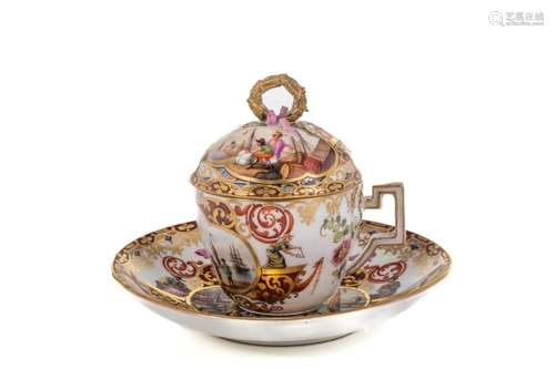 18th C FINELY PAINTED MEISSEN COVERED CUP & SAUCER