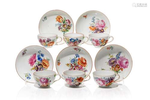 FIVE 18th C MARCOLINI MEISSEN CUPS & SAUCERS