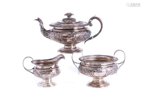 THREE-PC REGENCY SCOTTISH SILVER TEA SERVICE 1393g