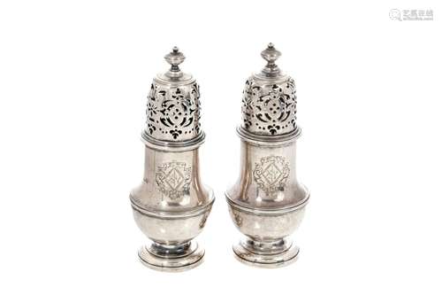 PAIR OF GEORGE II ENGLISH SILVER CASTERS, 233g