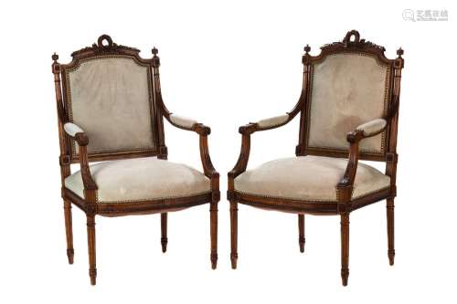 PAIR OF FRENCH CARVED WOOD FAUTEUIL ARMCHAIRS