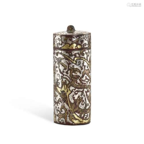 A gold and silver-inlaid bronze cylindrical box and cover, H...