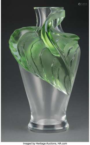 Lalique Clear and Emerald Glass Tanega Vase with Original Fi...