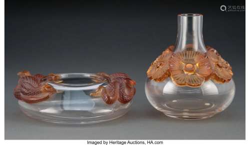Two Lalique Color and Frosted Glass Vases, post-1945 Marks: ...