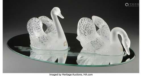 Pair of Lalique Clear and Frosted Glass Cygne Tete Droite an...