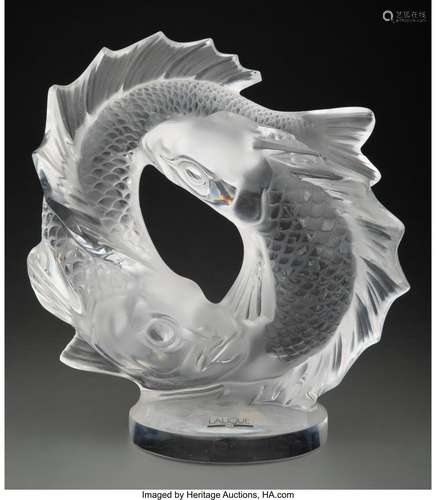 Lalique Clear and Frosted Glass Deux Poissons Sculpture, pos...