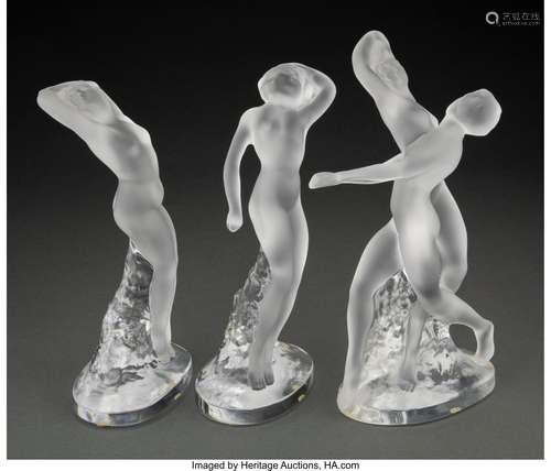 Group of Three Lalique Clear and Frosted Glass Figures, post...