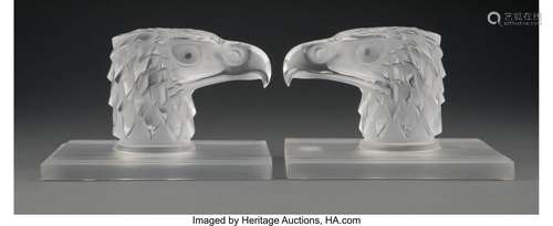 Pair of Lalique Clear and Frosted Glass Tete d'Aigle Bookend...