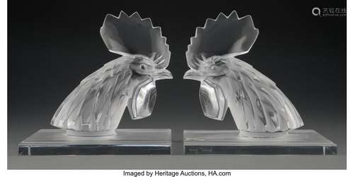 Pair of Lalique Clear and Frosted Glass Tete d'Coq Bookends,...