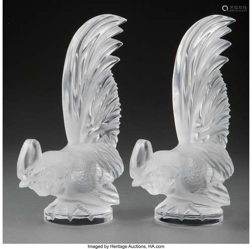 Pair of Lalique Clear and Frosted Glass Coq Nain Mascots, po...