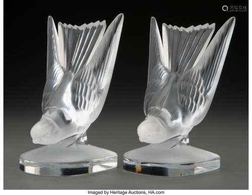 Pair of Lalique Clear and Frosted Glass Hirondelle Bookends,...