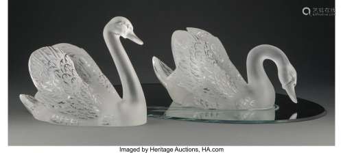 Pair of Lalique Clear and Frosted Glass Cygne Tete Droite an...