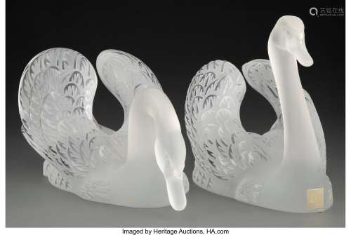 Pair of Lalique Clear and Frosted Glass Cygne Tete Droite an...