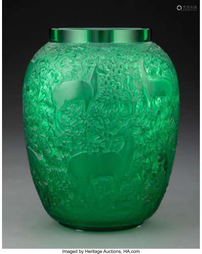 Lalique Green Glass Biches Vase, post-1945 Marks: Lalique Fr...