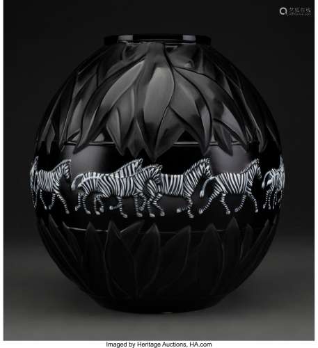 Lalique Onyx Glass Tanzania Vase with Original Fitted Box, p...