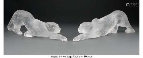 Pair of Lalique Clear and Frosted Glass Zeila Panthers in Or...
