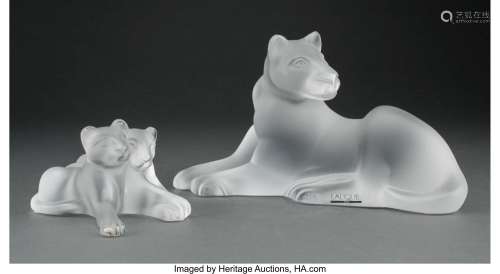 Two Lalique Frosted Glass Lion Figures with Original Fitted ...