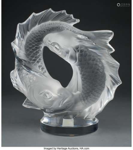 Lalique Clear and Frosted Glass Deux Poissons Sculpture with...