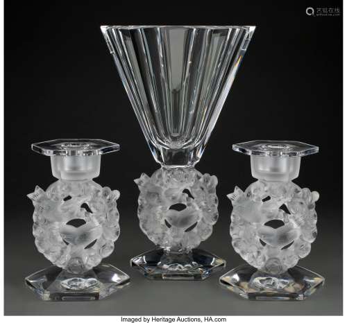 Lalique Clear and Frosted Glass Mesanges Vase and Pair of Ca...