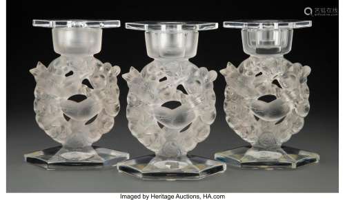 Three Lalique Clear and Frosted Glass Mesanges Candlesticks ...