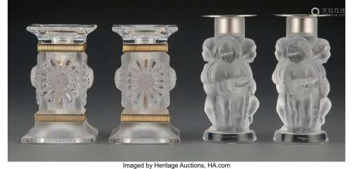 Two Pairs of Lalique Clear and Frosted Glass Candlesticks, p...