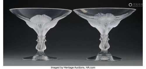 Pair of Lalique Clear and Frosted Glass Virginie Compotes, p...