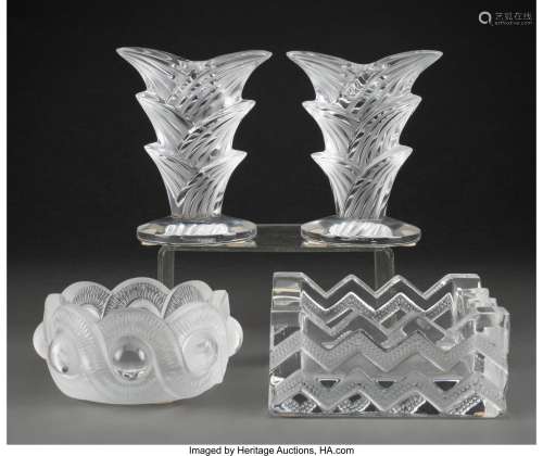 Four Lalique Clear and Frosted Glass Table Articles, post-19...
