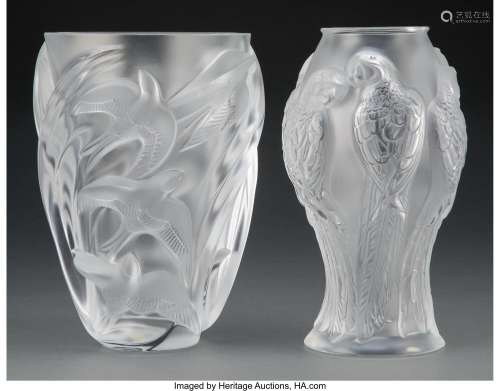Two Lalique Clear and Frosted Glass Bird Vases, post-1945 Ma...
