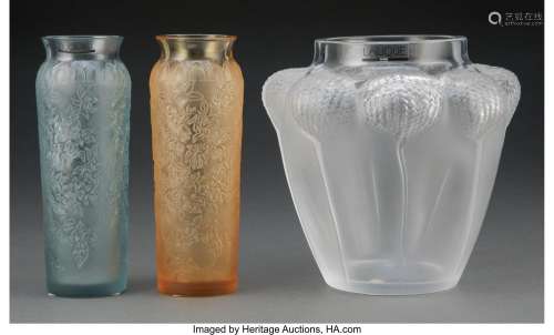 Group of Three Lalique Glass Vases, post-1945 Marks: Lalique...