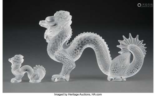 Two Lalique Clear and Frosted Glass Dragons, post-1945 Marks...